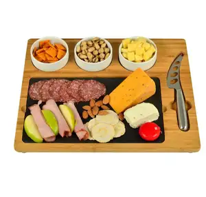 Bamboo & Slate Cheese/Charcuterie Board - Includes 3 Ceramic Bowls & Cheese Knife