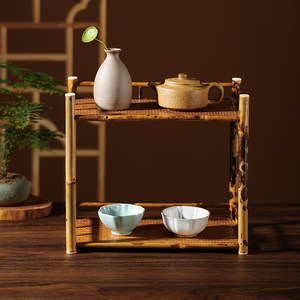 Yunfei Bamboo Mat Double Layer Display <b>Stand</b> Rectangle Storage Rack For <b>Tea</b> Set And Decorative Items - Product Image 4