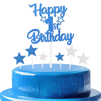 7 pièces de décorations scintillantes bleues et argentées pour le 1er anniversaire : décorations de gâteau en carton, pics à cupcakes étoiles, pour la fête du premier anniversaire d'un bébé garçon