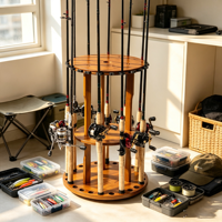 Support de rangement vertical rotatif pour 24 cannes à pêche en bois massif, sans outil de montage, pour salon et extérieur, à prix réduit