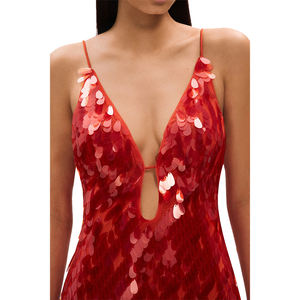2025 Neuankömmling Frauen V-Ausschnitt Spaghetti träger Schulter Langes Kleid Abend party Kleider Red <span class=keywords><strong>Plunge</strong></span> Neck Pailletten Maxi kleid - Product Image 4