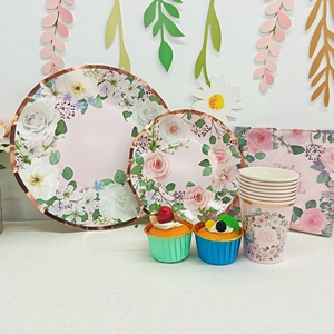 อุปกรณ์ตกแต่งงานแต่งงานธีม DAMAI ชุดน้ำชาฤดูใบไม้ผลิ ดอกกุหลาบสีชมพู ดอกชบาสีขาว ชุดอาหารเย็นแบบใช้แล้วทิ้ง ถ้วยกระดาษ ผ้าเช็ดปาก - Product Image 1