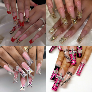 <span class=keywords><strong>Ongles</strong></span> français extra longs style Baddie, <span class=keywords><strong>faux</strong></span> <span class=keywords><strong>ongles</strong></span> à presser avec strass papillon 3D, réutilisables, forme cercueil, vente en gros OEM - Product Image 1