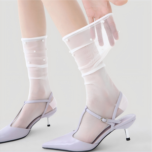 <span class=keywords><strong>Chaussettes</strong></span> transparentes pour femmes, ornées de perles, en maille translucide, ultra-extensibles, avec bord antidérapant, pour un usage quotidien décontracté - Product Image 3