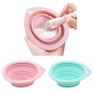 Tazón Plegable de Silicona para Limpiar Brochas de Maquillaje, Tapete Exfoliante Portátil para Cosméticos, Herramienta de Belleza en Rosa y Verde Azulado - Product Image 1
