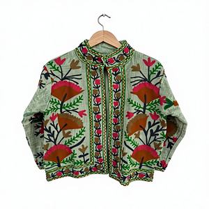 Chaqueta Floral de Algodón Reversible Bordada en Verde Invierno, Hecha a Mano, Talla Grande, Diseño Étnico Tradicional - Product Image 1