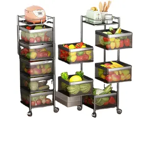 Cesta organizadora de cozinha multicamadas, cesta giratória para armazenamento de frutas e vegetais, com rodas e prateleira metálica