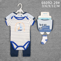 Vêtements d'été pour nouveau-nés en gros, ensemble de 5 pièces en coton, 6-12 mois, imprimé floral/animal, barboteuse avec bavoir