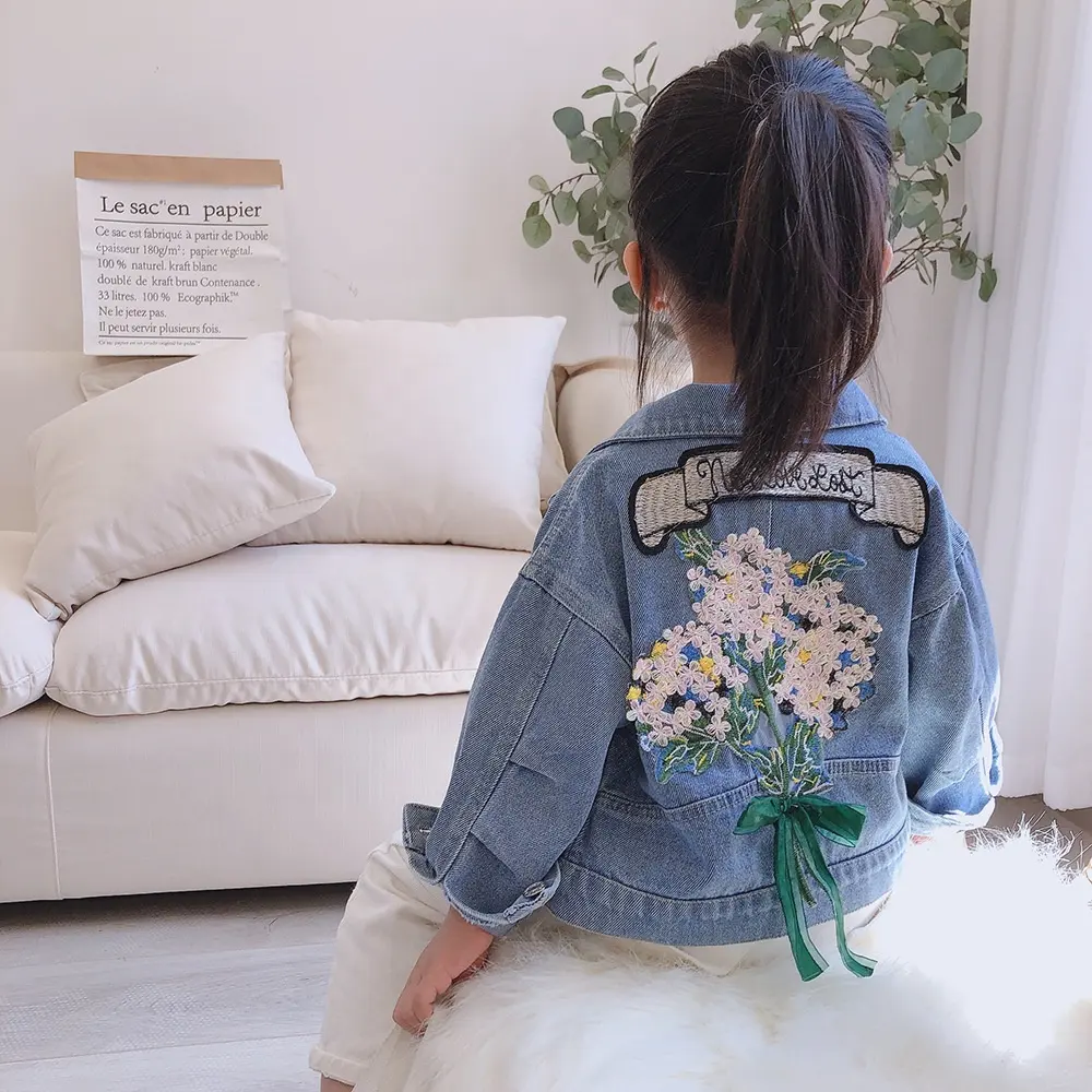 Pakaian Denim Anak Perempuan, Jaket Jins Robek Lengan Panjang, Pakaian Luar Anak-anak Musim Semi Musim Gugur, Mantel Bordir Bunga Bayi, Baju Denim Anak-anak 2021