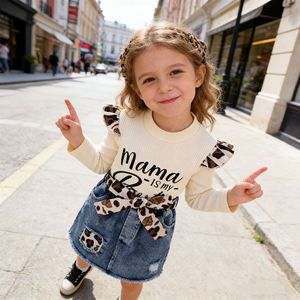 Abbigliamento Autunno-Inverno per Bambine Europee e Americane da 4-7 Anni, Set con Top in Cotone e Gonna in Denim con Stampa Leopardata - Product Image 5