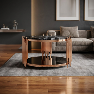 Indian Italian Design Round Coffee <b>Table</b> with <b>Marble</b> TOP and Copper Finish Metal Frame Contemporary Living Room Furniture - Product Image 3