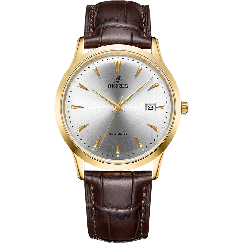 Gold case white dial brown band