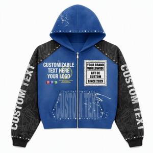 Sweat à capuche zippé personnalisé délavé à l'acide, patchwork, strass, broderie, coupe oversize et carrée, pour hommes, avec imprimé graphique - Product Image 6