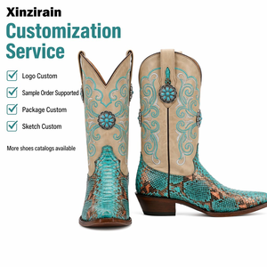 <span class=keywords><strong>Bottes</strong></span> de cow-boy Xinzirain personnalisées <span class=keywords><strong>en</strong></span> beige turquoise à imprimé serpent, brodées, avec concho métallique, bout pointu, talon empilé, à enfiler, pour femmes - Product Image 1