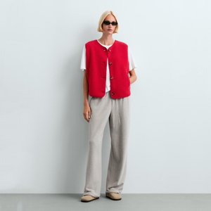 ODM <strong>Women's</strong> V-Neck Windproof Knitted Sherpa <strong>Fleece</strong> Eco-Friendly Vest Binding Single Button Closure Loose Sleeveless <strong>Gilet</strong> - Product Image 4