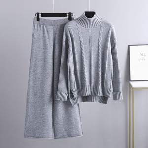 Demi pull à col roulé pull torsadé solide haut tricoté à la main et <span class=keywords><strong>pantalon</strong></span> à jambes larges salon 2 pièces ensemble pour femmes pull ample costume - Product Image 6