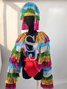 Ensemble de costume de scène pour chanteuse, avec manteau à franges, perruque et body, pour spectacle de danse, bar, spectacle commercial, Noël, divertissement - Product Image 4