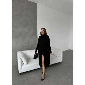 Vestido de punto con cuello de pescador negro S, casual, de manga larga, con cuello alto y abertura lateral para mujer - Product Image 1