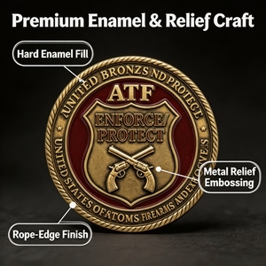 Moneta Commemorativa Personalizzata OEM con Scudo e Revolver Incrociato, Smalto Duro, Bronzo Anticato, Sfondo Rosso, Moneta Souvenir in Metallo per Forze dell'Ordine e Protezione - Product Image 2