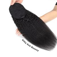 Cheveux brésiliens Yaki # Extensions de queue de cheval 1B à clipser, avec cordon de serrage, en cheveux humains raides crépus, avec clips # 1B