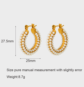 Pendientes de aro de perlas geométricas de acero inoxidable chapados en oro de 18 quilates para mujer, joyería de moda <span class=keywords><strong>E635</strong></span> - Product Image 6