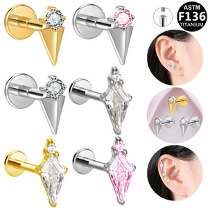 <b>Titanium</b> Coated Pyramid <b>Stud</b> Earrings With Zircon Pink Silver Gold For Women Party Jewelry ASTM F136 - Product Image 1