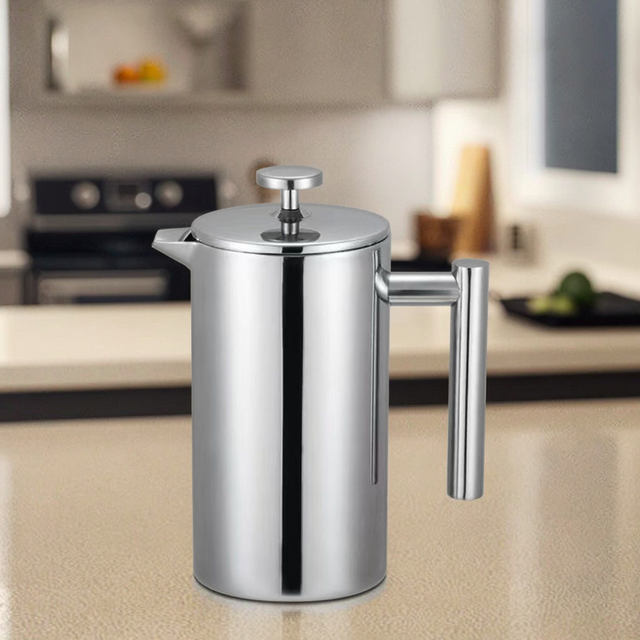 Luxury Kitchen Use Modern Round Design Insulated Stainless Steel French Press Coffee Maker with Metal Filter Mesh