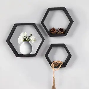 Hexagon Wooden Wall Mounted Decor Floating Shelves For Bedroom