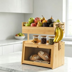 Boîte à pain en bambou Jin Guang à double couche, panier de rangement pour aliments et fruits, support à collations pour comptoir de cuisine, couleur bois naturel - Product Image 2