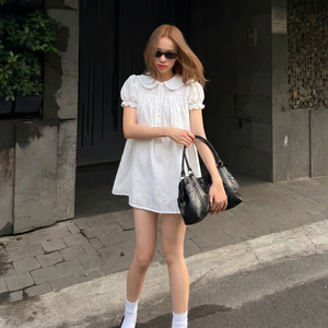 Robe Babydoll en Dentelle Couleur Unie à Taille Naturelle pour Fille, Tissu Texturé, Col Rabattu, Coupe Évasée, Mini, Manches Courtes, Respirante - Product Image 5