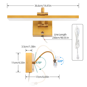 Modern Wall Mounted <b>LED</b> Vanity <b>Light</b> 36.6cm Brass Finish Rectangular Shade White Plastic Bathroom Fixture <b>Plug</b> <b>In</b> 220V - Product Image 3