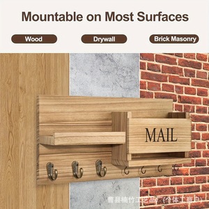 Wooden Wall Mounted Mail Organizer With Key <b>Hooks</b> And <b>Shelf</b> For Entryway Storage Natural Wood Color Rectangle Shape - Product Image 2