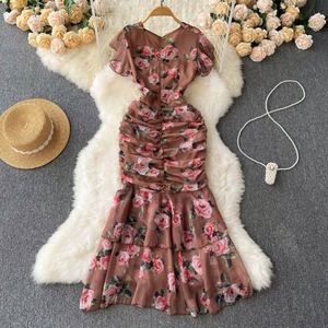 Vestido Maxi de Verano con Cuello en V, Manga Corta, Estampado, Estilo Trompeta/Sirena, Tejido Ecológico, Cintura Imperio, Retro, Casual, para Fiesta - Product Image 4