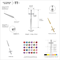 Piercing d'oreille en titane ASTM F136 G23 de qualité implant, motif croix et épée, CZ 16G, fileté extérieurement, plaqué or, pour cartilage, hélix, tragus