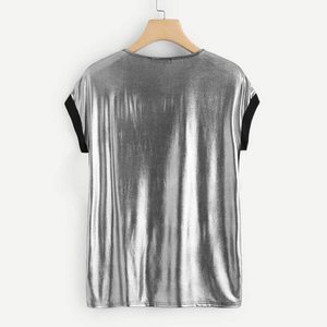 MAX APPAREL-Top brillante de fiesta para <span class=keywords><strong>mujer</strong></span>, <span class=keywords><strong>camiseta</strong></span> de manga corta metálica con cuello redondo, Top en plata - Product Image 5