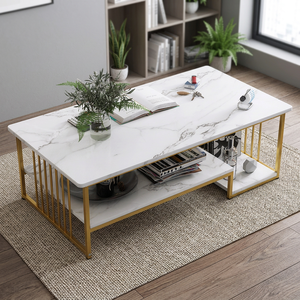 Modern Design Coffee <b>Table</b> <b>Set</b> of 2 with Faux Marble Top and Iron Frame Durable Living Room Furniture - Product Image 3