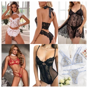 Wholesale Price Sexy Lace <b>Lingerie</b> <b>Set</b> Women Underwire Bra Thong <b>Garter</b> Straps Sheer Hollow Bodysuit Floral Pattern Red <b>Black</b> - Product Image 3
