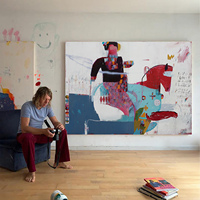 Peinture à l'huile Pop Art, figurine colorée peinte à la main, cheval monté, grande toile murale, style crème du milieu du siècle, pour salon