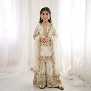 Ensemble Sharara Traditionnel Brodé Blanc pour Filles – Tenue de Mariage Style Indien et Pakistanais, Coupe Ample, Longueur Ras du Sol, en Coton - Product Image 1