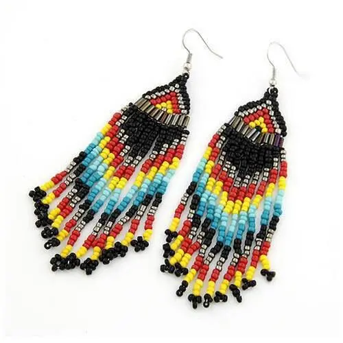 Bohemian Handmade Beaded Long Seed Bead Tassel Earrings Colorful Female Pendant Earrings