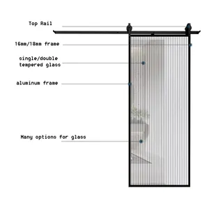 Porte de grange en verre de 4x9 pieds, en aluminium, verre coulissant, utilisation intérieure de la salle de bain, porte de grange