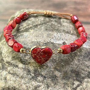 Boho Bohemia Chakra pulsera trenzada en forma de corazón piedras preciosas rojo imperial emperador jaspe encanto pulsera regalo