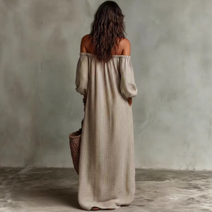 Elegante Vestito Estivo da Donna con Spalle Scoperte, <span class=keywords><strong>a</strong></span> <span class=keywords><strong>Righe</strong></span>, Maniche <span class=keywords><strong>a</strong></span> Lanterna, Sexy, Senza Schienale, <span class=keywords><strong>in</strong></span> <span class=keywords><strong>Lino</strong></span>, <span class=keywords><strong>Abito</strong></span> da Sera Casual - Product Image 2
