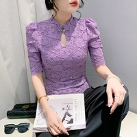 Nouvelle Collection Été – Top Élégant Amincissant en Dentelle à Col Montant et Manches Courtes Style National pour Femme