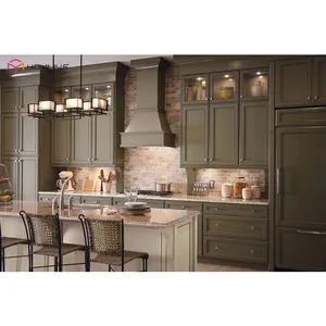 Olive green color plywood carcass good quality solid wood kitchen cabinets