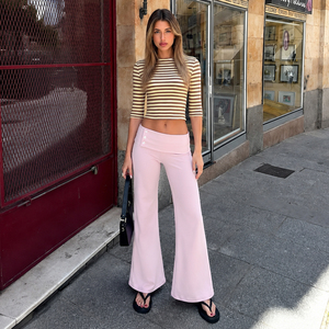 Striped Crop Tight Top Low Waist Button Cuff Flared Pants <b>Set</b> American Sweet Hot Street <b>Sexy</b> Two Piece Outfit - Product Image 3