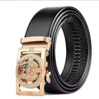 Ceinture en cuir PU pour homme, motif tête de loup, strass incrustés, boucle automatique en alliage, grain litchi, pour tenues variées