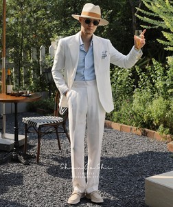 Stile italiano vecchio stile <span class=keywords><strong>bianco</strong></span> estate traspirante Casual in <span class=keywords><strong>lino</strong></span> 100% mezza foderato monopetto 2 pezzi <span class=keywords><strong>abito</strong></span> da <span class=keywords><strong>uomo</strong></span> - Product Image 2