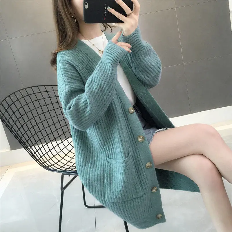 Grosir Mantel Sweater Lengan Panjang Rajut Longgar Kardigan Panjang Kasual Korea Musim Gugur Musim Dingin Mode Pakaian Wanita
