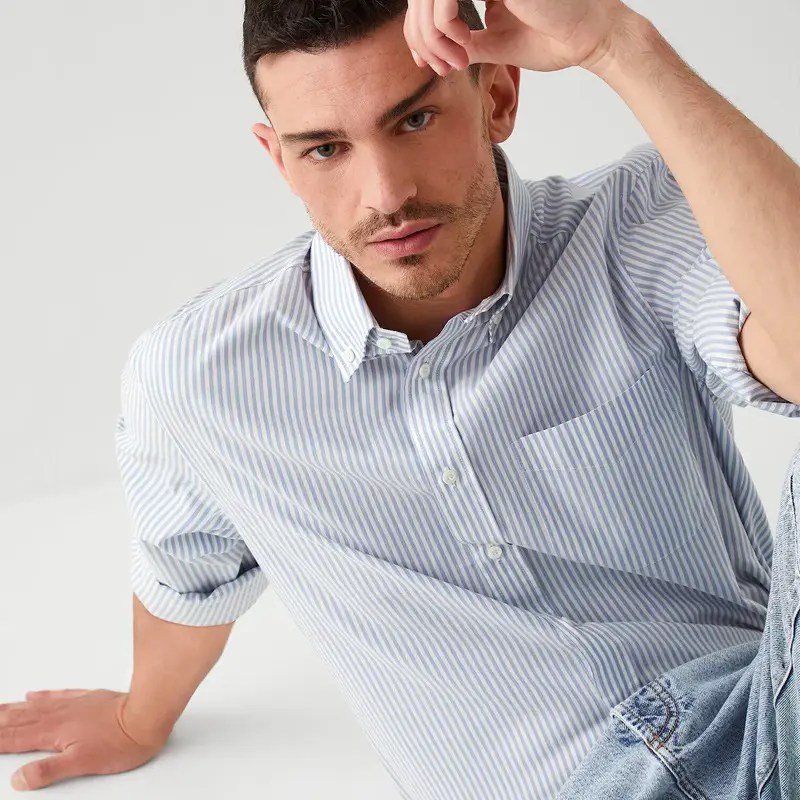 Moda % 100% pamuk ipliği boyalı şerit düğmesi gömlek klasik çizgi tasarım erkek gömlek